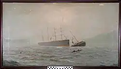 peinture décrivant la collision : l'Oceanic, massif, est stable sur l'eau tandis qu'un navire plus petit est en partie englouti