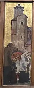 Alfred Martin, triptyque de La Vierge du pont des Arches, 1926 (panneau gauche ; photographie de novembre 2024), Liège, collégiale Saint-Denis.