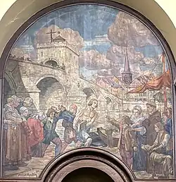 Alfred Martin, triptyque de La Vierge du pont des Arches, 1926 (panneau supérieur ; photographie de novembre 2024), Liège, collégiale Saint-Denis.