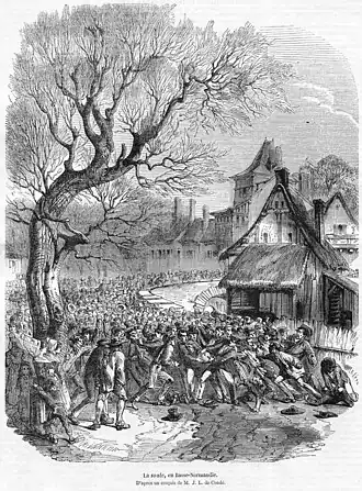 Croquis crayonné d'une foule jouant à la soule dans un village normand.