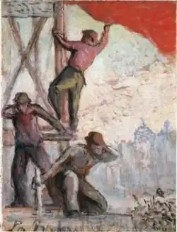 ouvriers accrochant un drapeau rouge à un échafaudage