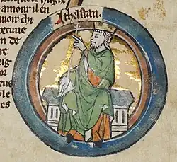 Une miniature aux couleurs plus ternes représentant le roi assis et tourné vers la gauche, le sceptre à la main