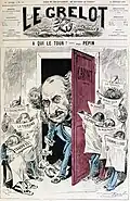 Dessin de presse représentant un homme moustachu qui se tient dans l'entrebâillement d'une porte, un instrument d'extraction dentaire à la main, devant plusieurs personnes plongeant la tête dans leur journal.