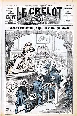 Dessin de presse montrant une femme coiffée du bonnet phrygien.