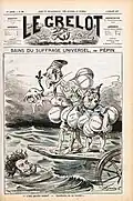 Dessin de presse représentant trois personnes vêtues de maillot de bain, perchées sur une charrette et hésitant à se jeter à l'eau, où barbotte un homme barbu à la chevelure ébouriffée.
