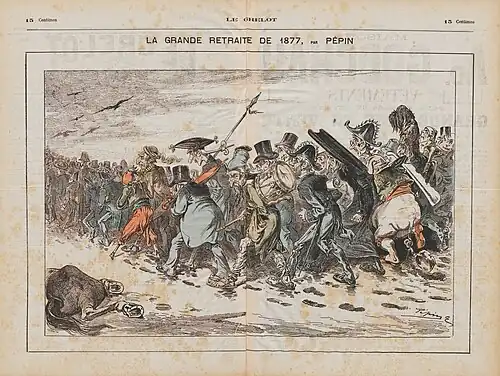Dessin en couleurs représentant une colonne d'officiers en grande tenue, de jésuites et de financiers fuyant à travers la campagne.