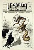 Gravure représentant un corbeau qui regarde un renard à tête d'homme avec un fromage sous le bras.