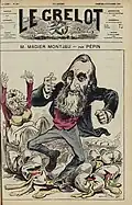 Gravure représentant un homme barbu souriant qui écrase des œufs répandus au sol tandis qu'un homme barbu vêtu en femme lève les bras au ciel d'un air affligé.