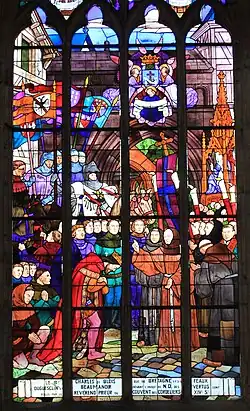 Vitrail : Le Bx Charles de Blois, Duc de Bretagne et ses féaux, Duguesclin et Beaumanoir devant l’image de Notre-Dame des Vertus sont reçus par le révérend prieur du couvent des Cordeliers, XIVe&nbsp;siècle