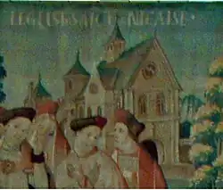 L'église Saint-Nicaise sur les tapisseries commandées par Robert de Lenoncourt (XVIe&nbsp;siècle) pour orner la Basilique Saint-Remi. On n'y reconnaît pas les tours gothiques de l'église.
