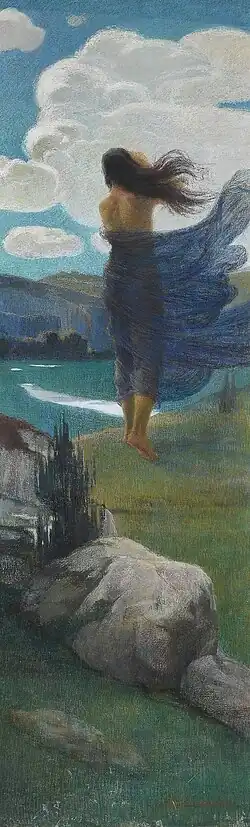Une jeune femme debout, vue de dos, habillée d'un vêtement légèrement transparent que le vent lui colle sur le corps. Le bas de la composition représente un paysage avec des buissons et de la verdure.