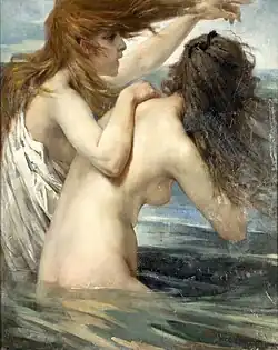 Deux femmes dans l'eau jusqu'aux hanches, vues de profil. La première, à l'avant-plan, est nue et légèrement penchée en avant. La deuxième, en partie masquée par la première, a posé son bras droit replié sur le dos et l'épaule gauche de la première. Elle est vêtue d'un vêtement clair qui laisse découverte son épaule droite. Toutes deux ont de longs cheveux foncés que le vent fait voler sur leurs visages.
