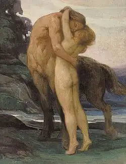 Un centaure embrasse une jeune femme nue. À l'arrière-plan, une rivière et des arbres à gauche.