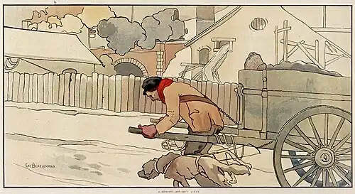 Un homme est accompagné de deux chiens. Tous trois sont attachés par des chaînes à une charrette qu'ils tirent péniblement le long d'une palissade. À l'arrière-plan, au-dessus de la palissade, à droite, on aperçoit une maison en construction et à gauche, des toits et une cheminée d'usine qui fume.
