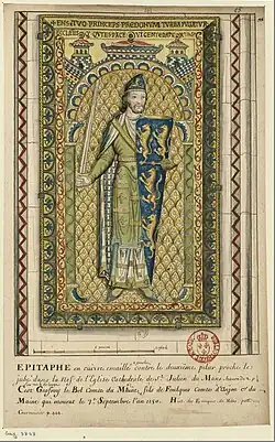 Dessin de l'émail en couleur, surtout vert et bleu, montrant un noble debout armé d'une épée dressée et d'un bouclier, avec un décor de losanges, de lignes verticales, de courbes et de coupoles et une inscription en latin