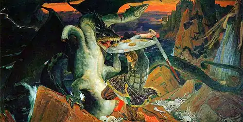 Viktor Vasnetsov La Lutte d'Ivan Tsarévitch avec le serpent de mer   (1912). Maison-musée V. Vasnetsov à Moscou.