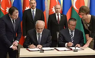 Şahin Mustafayev lors de la rencontre entre Vladimir Poutine et le président de la République d'Azerbaïdjan Ilham Aliyev.