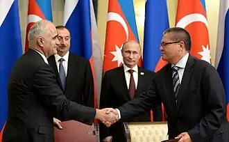 Şahin Mustafayev lors de la rencontre entre Vladimir Poutine et le président de la République d'Azerbaïdjan Ilham Aliyev.