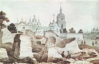 Ruines du monastère de Sainte-Irène et en fond la cathédrale Sainte-Sophie. Illustration de Mikhaïl Sajine, 1846. À la différence de la Porte dorée, ce vestige du règne de Iaroslav, dans un état de ruine similaire au XIXe&nbsp;siècle, sera entièrement détruit par les autorités soviétiques.