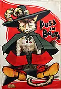 Poster anglais représentant le Chat botté à la fin du XIXe ou au début du XXe&nbsp;siècle. Auteur inconnu.