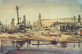 Peinture dans des tons ternes représentant un paysage avec baraques et têtes de puits en bois
