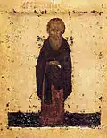 Cyrille Belozersky. Icône de la cathédrale de la Dormition du monastère de Kirillo-Belozersky, XVe&nbsp;siècle. Réalisée selon la légende par Denis de Glouchitsa. Galerie Tretiakov, Moscou