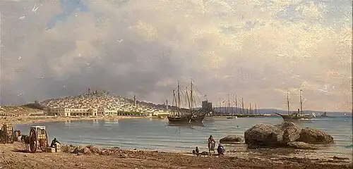 « Vue de Bakou depuis la mer ». 1872. Musée national d'Azerbaïdjan, Bakou