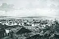 Un nouveau paysage urbain marqué par l'orthogonalité : Podil ordonné par Melenski, avec notamment les bâtiments de la Maison des Contrats et du bâtiment de l'Académie théologique. En arrière-fond, le Dnepr et ses îles.