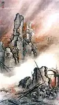 Gao Jianfu, 1930s. Le feu de la bataille de l'Est. Encre et couleurs sur papier, 166&nbsp;×&nbsp;92&nbsp;cm. Musée d'art, Guangzhou