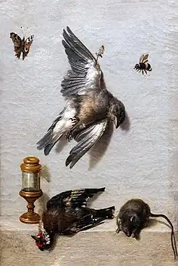 1712,Nature morte avec deux oiseaux morts, une souris et trois insectes,Agen, musée des Beaux-Arts.