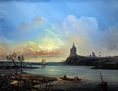 Eugenio Lucas Velázquez,  Vue d'un estuaire avec des pêcheurs et un château imaginaire (1848)