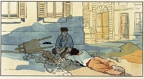 Deux ouvriers dans une rue. L'un est assis sur la bordure du trottoir, l'autre dort, étendu à plat ventre sur le sol dépavé. À gauche, une brouette renversée, une grosse massue de bois et une pioche sans manche. À droite, un tas de sable.