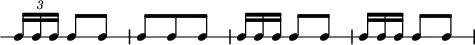 
\header {
  tagline = ##f
}

\score {
  \new RhythmicStaff {
    \time 3/8
    \numericTimeSignature
    \omit Staff.TimeSignature
    \override TupletBracket.bracket-visibility = ##f

   \times 2/3 { c16[ c c] }  c8 c  \omit TupletNumber | c c c | \times 2/3 { c16[ c c] }  c8 c | \times 2/3 { c16[ c c] }  c8 c 

  }
  \layout {
   % indent = #0
  }
  \midi {}
}
