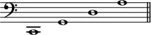 \header {
tagline = ##f
}
\score {
\new Staff \with {
\remove "Time_signature_engraver"
}
\relative c {
\key c \major
\time 9/1
\tempo 1 = 60
\autoBeamOff
\clef bass
\override Rest #'style = #'classical
c,1 g' d' a'
\bar "||"
}
\layout {
\context {
\Score
\remove "Metronome_mark_engraver"
}
}
\midi {}
}