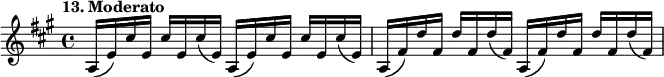 
%etude13
\relative a
{  
\time 4/4
\tempo "13. Moderato"
\key a \major
a16 (e') cis' e, cis' e, cis' (e,) a,16 (e') cis' e, cis' e, cis' (e,) | a, (fis') d' fis, d' fis, d' (fis,) a, (fis') d' fis, d' fis, d' (fis,) 
} 

