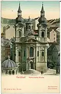 Historický snímek kostela z roku 1898 na pohlednici tiskárny Brück & Sohn