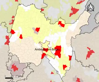 Localisation de l'aire d'attraction d'Ambérieu-en-Bugey dans le département de l'Ain.