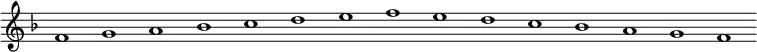 \new Staff {
\relative c' {
\key f \major
\override Staff.TimeSignature #'stencil = ##f
\override Staff.BarLine #'stencil = ##f
f1 g a bes c d e f e d c bes a g f
}
}
\midi {
\context {
\Score
tempoWholesPerMinute = #(ly:make-moment 120 1)
}
}