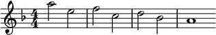 \relative c'' { \clef treble \numericTimeSignature \time 4/4 \key d \minor \bar "|:" a'2 e | f c | d bes | a1 \bar ":|" }