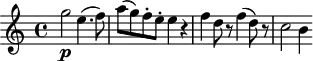 
\version "2.18.2"
\header {
  tagline = ##f
  % composer = "Mozart"
  % opus = "K. 622"
  % meter = "Allegro"
}

\score {
<<
  \relative c'' {
    \key a \minor
    \time 4/4
    \override TupletBracket #'bracket-visibility = ##f 
    %\autoBeamOff
    \tempo 4 = 102
     %%%%%% K622
     g'2\p e4.( f8) a8( g) f-. e-. e4 r4 f4 d8 r8 f4( d8) r8 c2 b4

  }
>>
  \layout {
     #(layout-set-staff-size 17)
     \context { \Score \remove "Metronome_mark_engraver" 
     \override SpacingSpanner.common-shortest-duration = #(ly:make-moment 1/2)
     }
  }
  \midi { \set Staff.midiInstrument = #"clarinet" }
}
