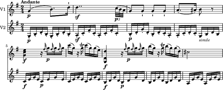 
<<
\new Staff \with { instrumentName = #"V1 "} \relative c'' {
    \version "2.18.2"
    \key g \major 
    \tempo "Andante"
    \time 2/4
    
    g4\p (b8.) d16-!
    d4..\sf \tuplet 3/2 {c32\p (b a} g8) g-! g-! g-!
    a8. (ais16) b8 r8
    <g c e>4\f r16  \grace fis'32 (g16)\p  \grace fis32 (g16)  \grace fis32 (g16)
    c (g) r16 g\trill c (g) g (e)
    <g,, d' d'>4\f r16  \grace fis''32 (g16)\p  \grace fis32 (g16)  \grace fis32 (g16)
     b (g) r16 g\trill b (g) g (d)
     cis2
}
\new Staff \with { instrumentName = #"V2 "} \relative c'' {
    \key g \major 
    \time 2/4
    \tempo 4 = 70
    \set Staff.midiMinimumVolume = #0.2 \set Staff.midiMaximumVolume = #0.5
     g,16-.\p b-. d-. b-. g-. b-. d-. b-.
     a-.\sf c-. fis-. c-. a-. c-. fis-. c-.
      b-.\p d-. g-. d-.  b-. d-. c-. a-.
       a-. c-. d-. c-. g_\markup{\italic \small simile} b d b
       c\f e g e c\p e g e
       c e g e c e g e
       b\f d g d b\p d g d
       b d g d b d g d
       a e' g e a, e' g e
}
>>
