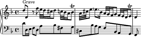 \version "2.18.2"
\header {
tagline = ##f
% composer = "Domenico Scarlatti"
% opus = "K. 90"
% meter = "Grave"
}
%% les petites notes
trillBesq = { \tag #'print { bes8\trill } \tag #'midi { c64 bes c bes~ bes16 } }
trillEq = { \tag #'print { e8\trill } \tag #'midi { f64 e f e~ e16 } }
upper = \relative c'' {
\clef treble
\key d \minor
\time 4/4
\tempo 4 = 52
\set Staff.midiInstrument = #"harpsichord"
\override TupletBracket.bracket-visibility = ##f
s8*0^\markup{Grave}
d8 d, r8 f'8 e32 d cis16 d8 c32 bes a16 \trillBesq | a32 cis e8.~ e8. bes16 a32 g f16 g8 f32 e d16 \trillEq |
% ms. 3
d4
}
lower = \relative c' {
\clef bass
\key d \minor
\time 4/4
\set Staff.midiInstrument = #"harpsichord"
\override TupletBracket.bracket-visibility = ##f
% ************************************** \appoggiatura a16 \repeat unfold 2 { } \times 2/3 { } \omit TupletNumber
d8 d,16 e f8 d a' bes fis g | cis, bes' a g f bes, a g |
% ms. 3
f8 s8
}
thePianoStaff = \new PianoStaff <<
\set PianoStaff.instrumentName = #""
\new Staff = "upper" \upper
\new Staff = "lower" \lower
>>
\score {
\keepWithTag #'print \thePianoStaff
\layout {
#(layout-set-staff-size 17)
\context {
\Score
\override SpacingSpanner.common-shortest-duration = #(ly:make-moment 1/2)
\remove "Metronome_mark_engraver"
}
}
}
\score {
\keepWithTag #'midi \thePianoStaff
\midi { }
}