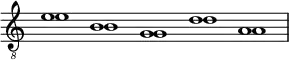 \new Staff \with {\remove "Time_signature_engraver"}{\time 5/1\clef "G_8" { << {e'1 b g d' a} \\ {e' b g d' a} >>}}