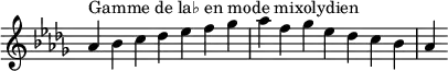{
\override Score.TimeSignature #'stencil = ##f
\relative c'' {
\key aes \mixolydian
\clef treble \time 7/4
aes4^\markup { Gamme de la♭ en mode mixolydien } bes c des es f ges aes f ges es des c bes aes
} }