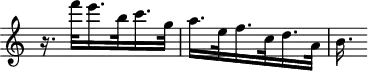 \version "2.18.2"
\header {
tagline = ##f
}
\score {
\new Staff \with {
}
<<
\relative c'' {
\key c \major
\time 3/8
\omit Staff.TimeSignature
\set Staff.midiInstrument = #"harpsichord"
%%%%% ms; 115
r16. f'32 e16. b32 c16. g32 | a16. e32 f16. c32 d16. a32 | b16.
}
>>
\layout {
#(layout-set-staff-size 17)
\context { \Score \remove "Metronome_mark_engraver" }
}
\midi {}
}