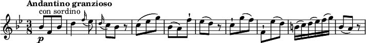 \relative c' {
\version "2.18.2"
\key bes \major
\tempo "Andantino granzioso"
\time 3/8
bes'8\p ^\markup {con sordino} f bes
d4 \grace f16 (ees8)
\grace d16 (c8) bes r8
c8 (ees g)
bes, (a) f'-!
ees (d) r8
c-! g' (f)
f,-! ees' (d)
b16 (c) d (ees) f (g)
bes,8 (a) r8
}