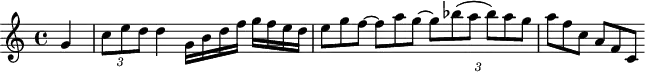 
\header {
  tagline = ##f
}

\score {
  \new Staff \with {

  }
<<
  \relative c'' {
    \key c \major
    \time 4/4
    \override TupletBracket #'bracket-visibility = ##f 
    %\autoBeamOff

     %%%%%%% K15n
     \partial 4 g4 \times 2/3 { c8 e d } d4 g,16 b d f g f e d \times 2/3 { e8 g f~ f a g~ g bes( a bes) a g a f c a f c }
     
  }
>>
  \layout {
    \context {
      \remove "Metronome_mark_engraver"
    }
  }
  \midi {}
}
