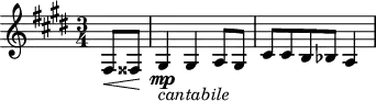 \version "2.18.2"
\header {
tagline = ##f
}
\score {
\new Staff \with {
}
<<
\relative c {
\key e \major
\time 3/4
\tempo 4 = 52
\override TupletBracket #'bracket-visibility = ##f
% thème mvt 2
\partial 4
fis8\< fisis\! gis4\mp_\markup{\italic "cantabile"} gis a8 gis cis cis b bes a4
}
>>
\layout {
\context { \Score \remove "Metronome_mark_engraver" }
}
\midi {}
}