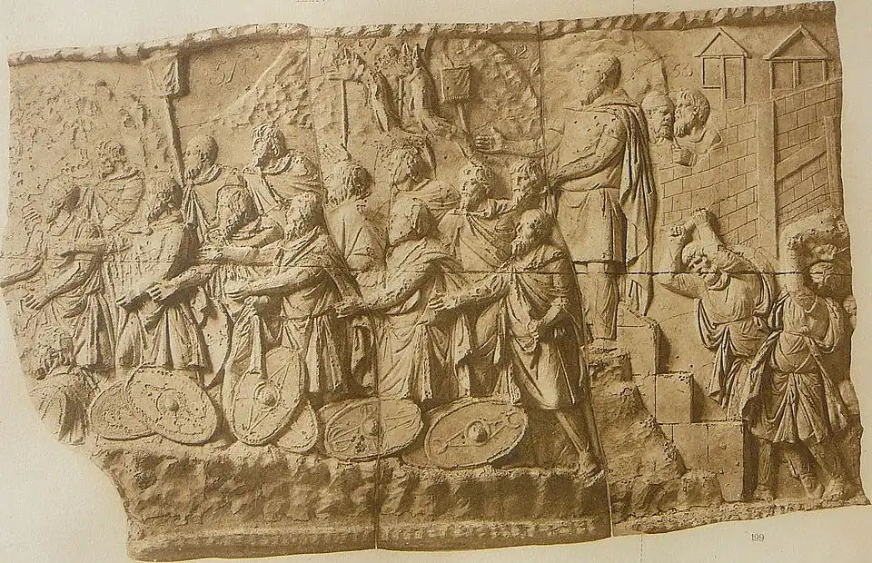Colonne trajane :subjugation des Daces (scène LXXV)départ de la population autochtone (scène LXXVI).