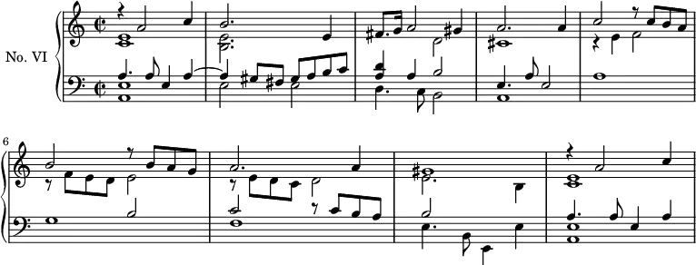 \version "2.14.2"
\header {
tagline = ##f
}
upper = \relative c'' {
\clef treble
\key a \minor
\time 2/2
\tempo 2 = 44
\autoBeamOff
<< { r4 a2 c4 } \\ { < e, c >1 } >>
<< { b'2. e,4 } \\ { < e b >2. } >>
<< { fis8. g16 a2 gis4 } \\ { s2 d2 } >>
<< { a'2. a4 } \\ { cis,1 } >>
<< { c'2 r8 c8 b a } \\ { r4 e4 f2 } >>
<< { b2 r8 b a g } \\ { r8 f e d e2 } >>
<< { a2. a4 } \\ { r8 e d c d2 } >>
<< { gis1 } \\ { e2. b4 } >>
<< { r4 a'2 c4 } \\ { < e, c >1 } >>
}
lower = \relative c' {
\clef bass
\key a \minor
\time 2/2
<< { a4. a8 e4 a~ } \\ { < e a, >1 } >>
<< { a4 gis8 fis gis a b c } \\ { e,2 e } >>
<< { < d' a >4 a4 b2 } \\ { d,4. c8 b2 } >>
<< { e4. a8 e2 } \\ { a,1 } >>
a'1
<< { s2 b2 } \\ { g1 } >>
<< { c2 r8 c8 b a } \\ { f1 } >>
<< { b2 } \\ { e,4. b8 e,4 e' } >>
<< { a4. a8 e4 a~ } \\ { < e a, >1 } >>
}
\score {
\new PianoStaff <<
\set PianoStaff.instrumentName = #"No. VI"
\new Staff = "upper" \upper
\new Staff = "lower" \lower
>>
\layout {
#(layout-set-staff-size 17)
\context {
\Score
\remove "Metronome_mark_engraver"
\override SpacingSpanner.common-shortest-duration = #(ly:make-moment 1/2)
}
}
\midi { \set Staff.midiInstrument = #"harpsichord" }
}